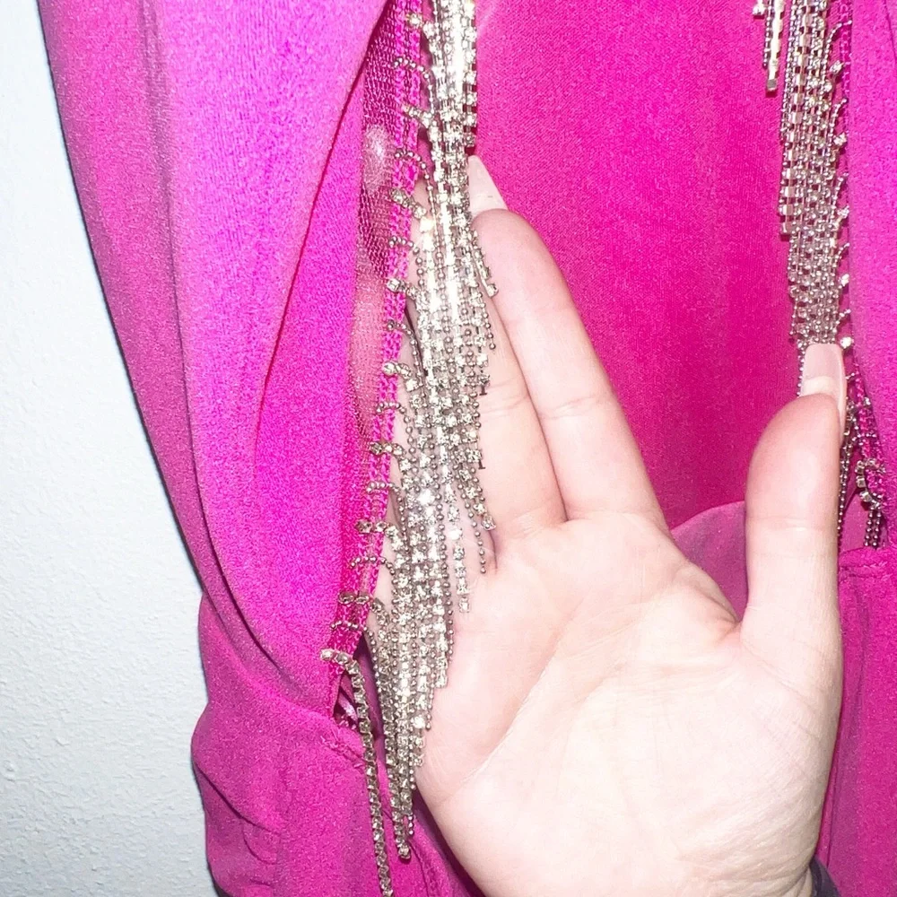 Sincerely Jules hot pink glitter fringe open back high neck mini dress - Picture 7 of 13
